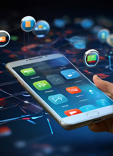 A person's hand holding a smartphone with colorful app icons on the screen, with floating digital icons and network connections in the background.